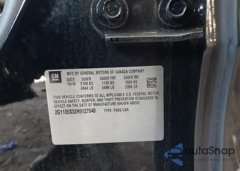 2017 Chevrolet Impala 1Lt from USA, damaged, VIN 2G1105S32H9127948